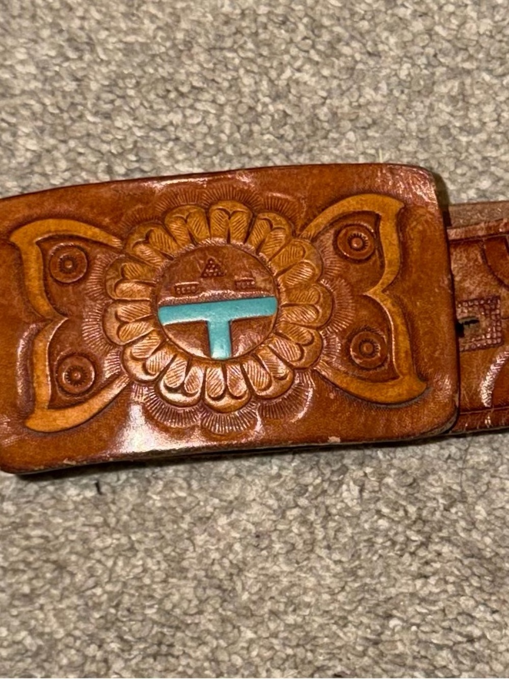 Beautiful Zuni tooled Leather Belt w/matching Buckle Aztec Genuine Leather🩵 - Picture 3 of 8